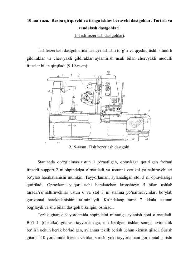 Rezba qirquvchi va tishga ishlov beruvchi dastgohlar. Tortish va randalash dastgohlari.