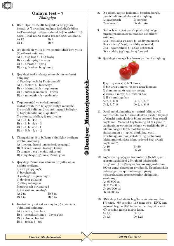 Biologiya va kimyodan jami 60ta DTM testlar