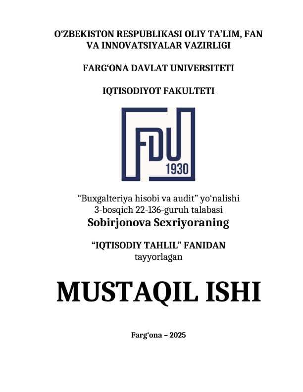 Xo‘jalik faoliyati tahliliga oid masalalar yechish