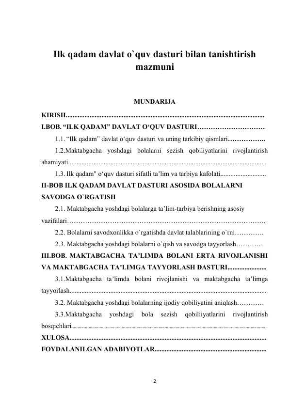 Ilk qadam davlat o`quv dasturi bilan tanishtirish mazmuni