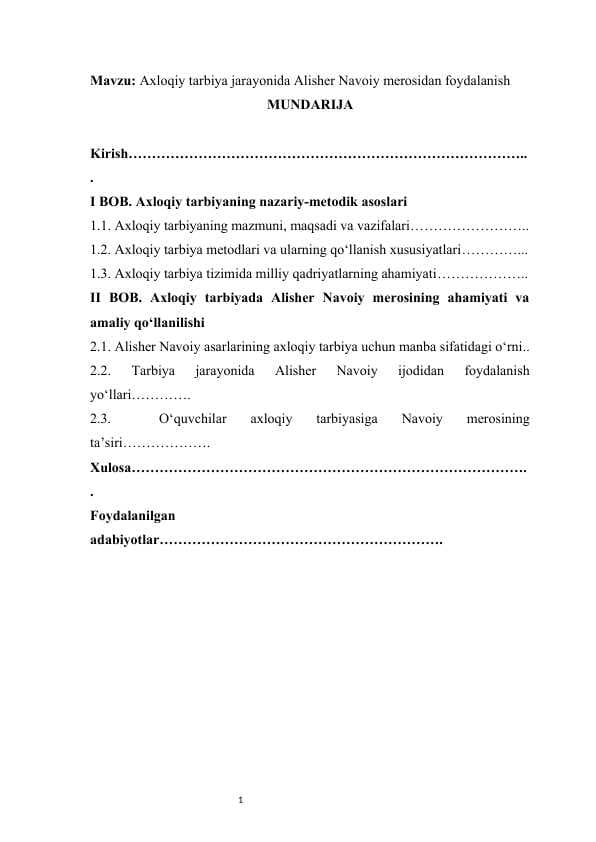 Axloqiy tarbiya jarayonida Alisher Navoiy merosidan foydalanish kurs ishi
