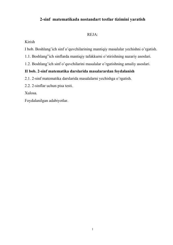 2-sinf  matematikada nostandart testlar tizimini yaratish