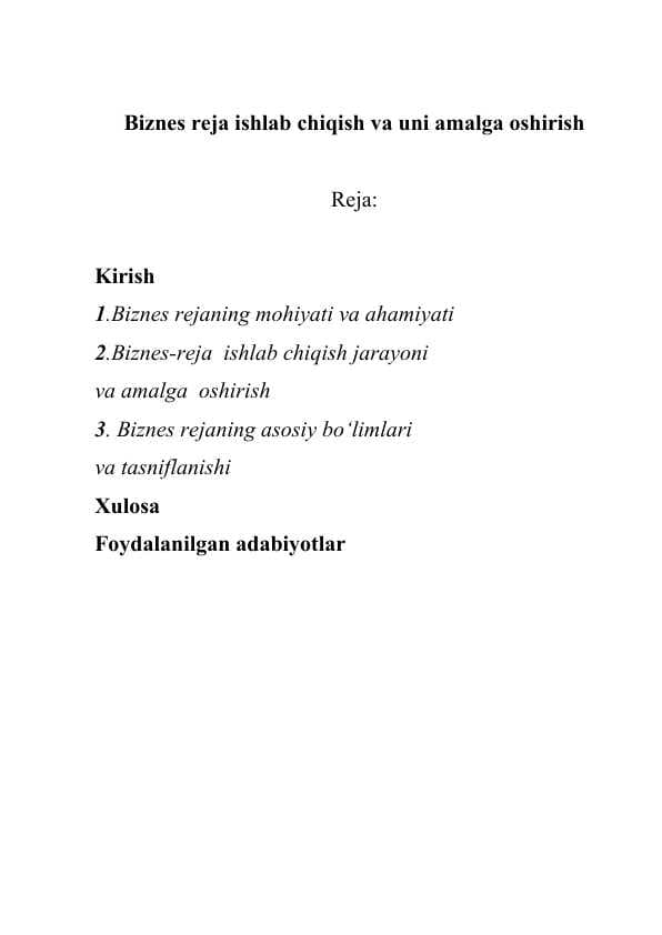 Biznes reja ishlab chiqish va uni amalga oshirish