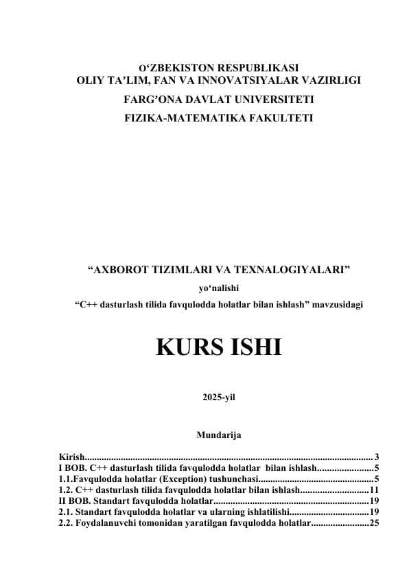 C++ dasturlash tilida favqulodda holatlar bilan ishlash