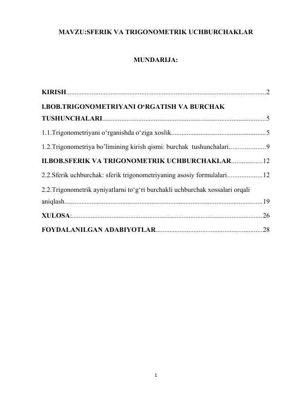 SFERIK VA TRIGONOMETRIK UCHBURCHAKLAR