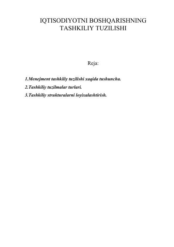 IQTISODIYOTNI BOSHQARISHNING TASHKILIY TUZILISHI