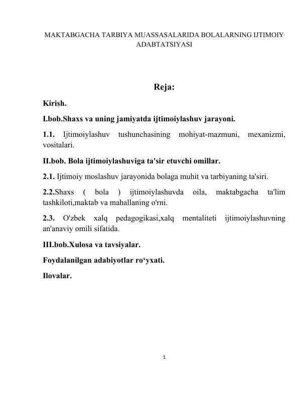 MAKTABGACHA TARBIYA MUASSASALARIDA BOLALARNING IJTIMOIY ADABTATSIYASI