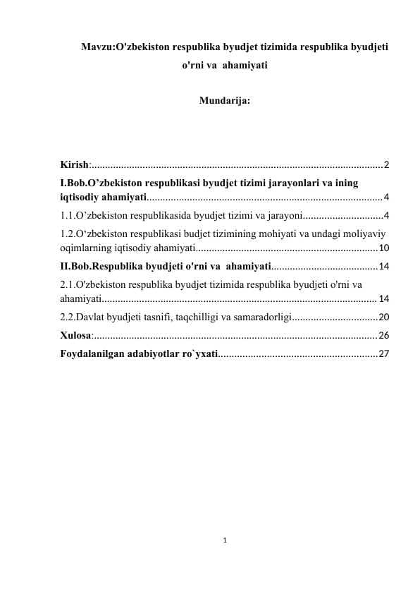 O'zbekiston respublika byudjet tizimida respublika byudjeti o'rni va  ahamiyati