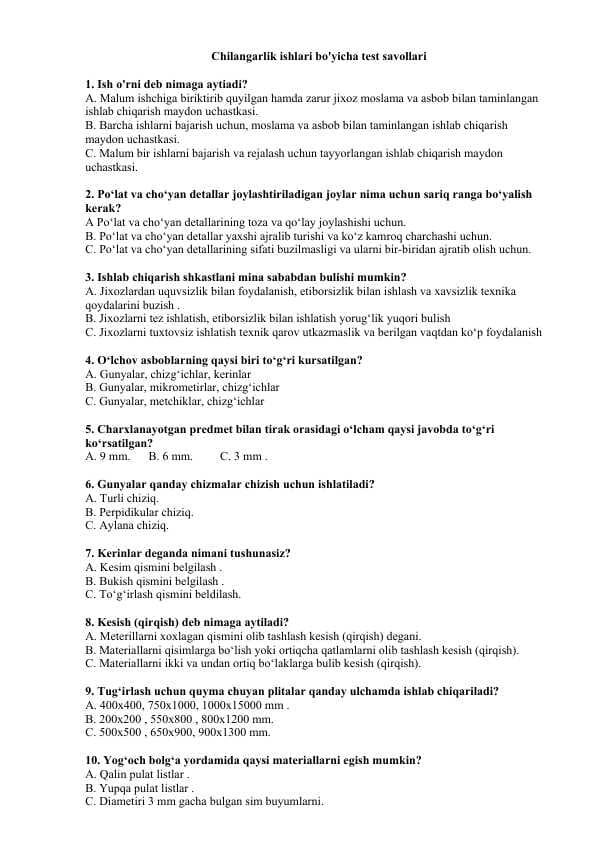 Chilangarlik ishlaridan nazorat savollari