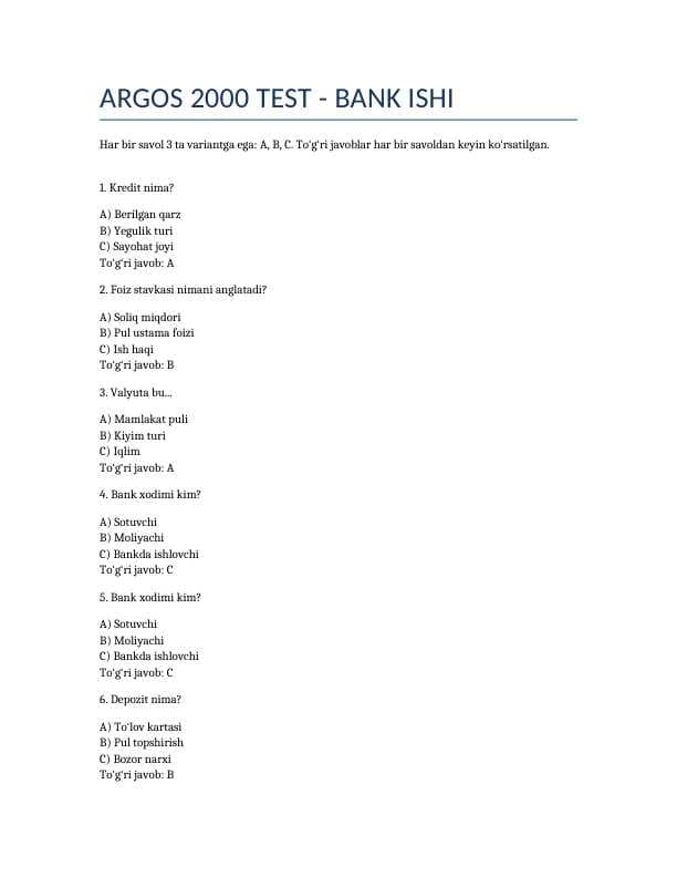 Bank ishi 2000 talik test javoblari bilan