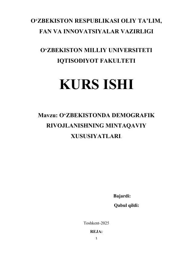 O‘ZBEKISTONDA DEMOGRAFIK RIVOJLANISHNING MINTAQAVIY XUSUSIYATLARI.