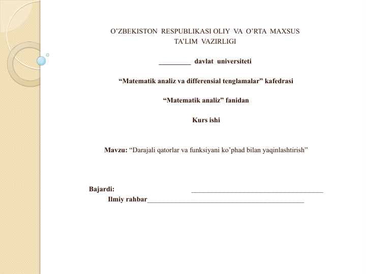 Darajali qatorlar va funksiyani ko’phad bilan yaqinlashtirish