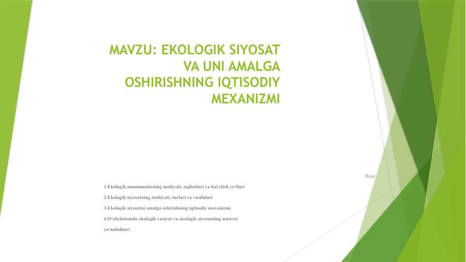 EKOLOGIK SIYOSAT VA UNI AMALGA OSHIRISHNING IQTISODIY MEXANIZMI