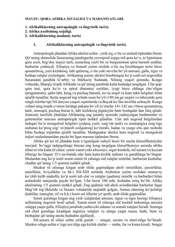QORA AFRIKA XO‘JALIGI VA MADANIYATLARI