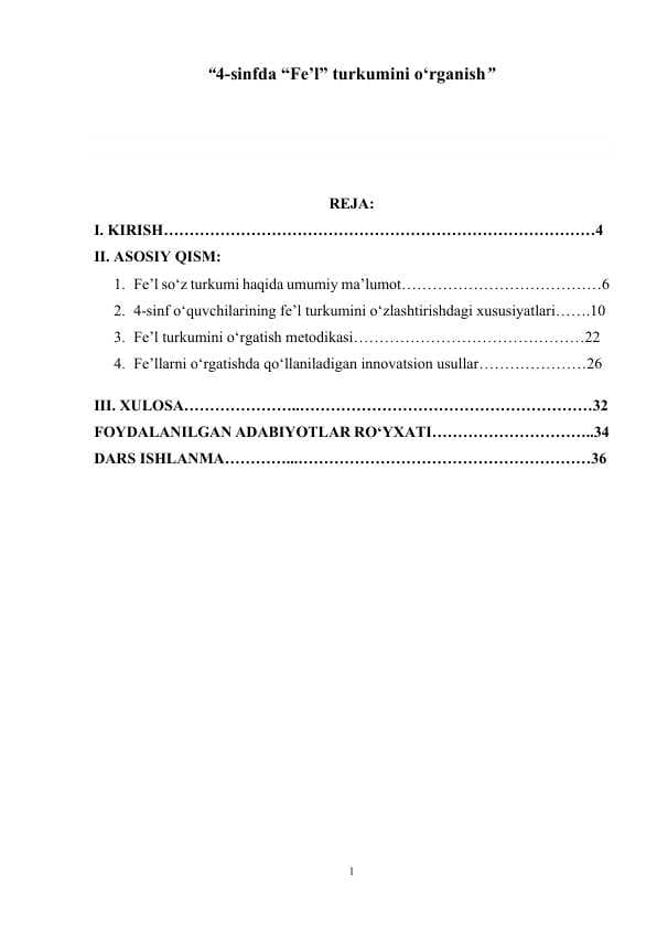 4-sinfda “Fe’l” turkumini o‘rganish