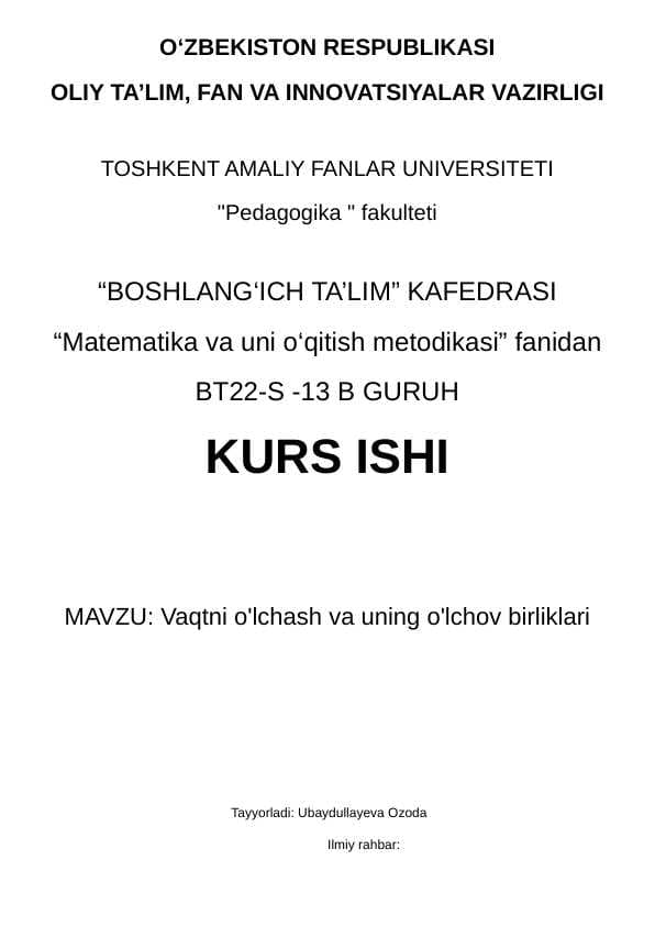 Vaqt olchov birliklari mavzusida kurs ishi