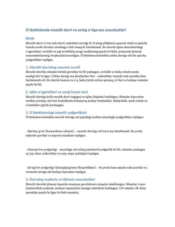 Oʻzbekistonda mezolit davri va uning oʻziga xos xususiyatlari