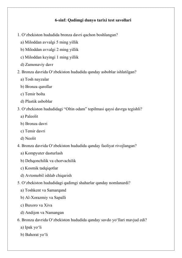 6-sinf  Qadimgi dunyo tarixi test savollari 25