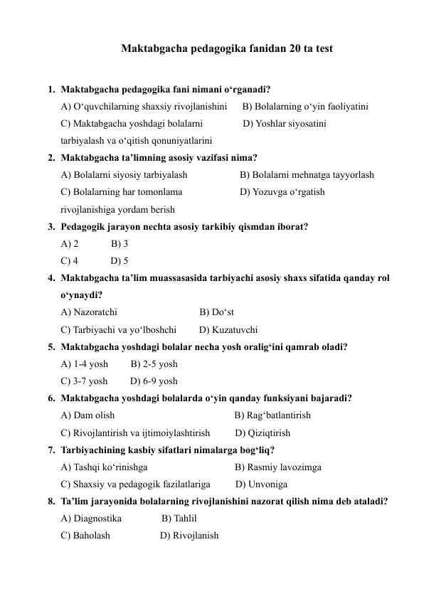 Maktabgacha pedagogika fanidan 20 ta test
