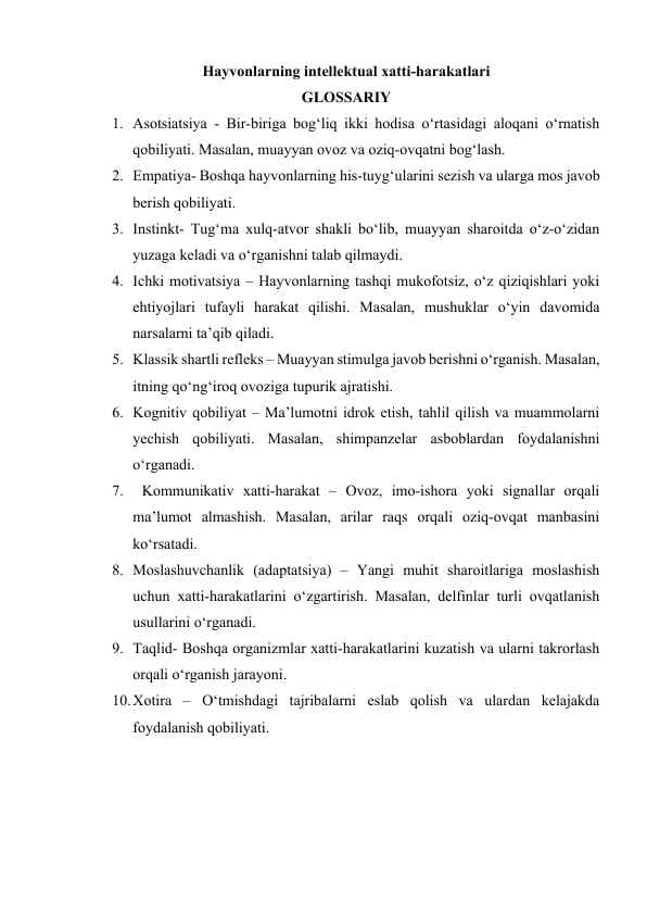Hayvonlarning intellektual xatti-harakatlari GLOSSARIY
