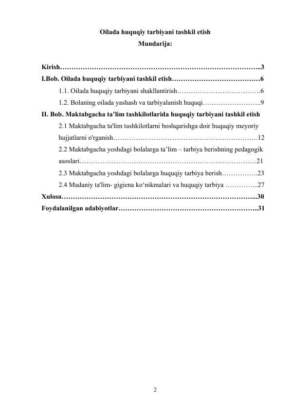 Oilada huquqiy tarbiyani tashkil etish