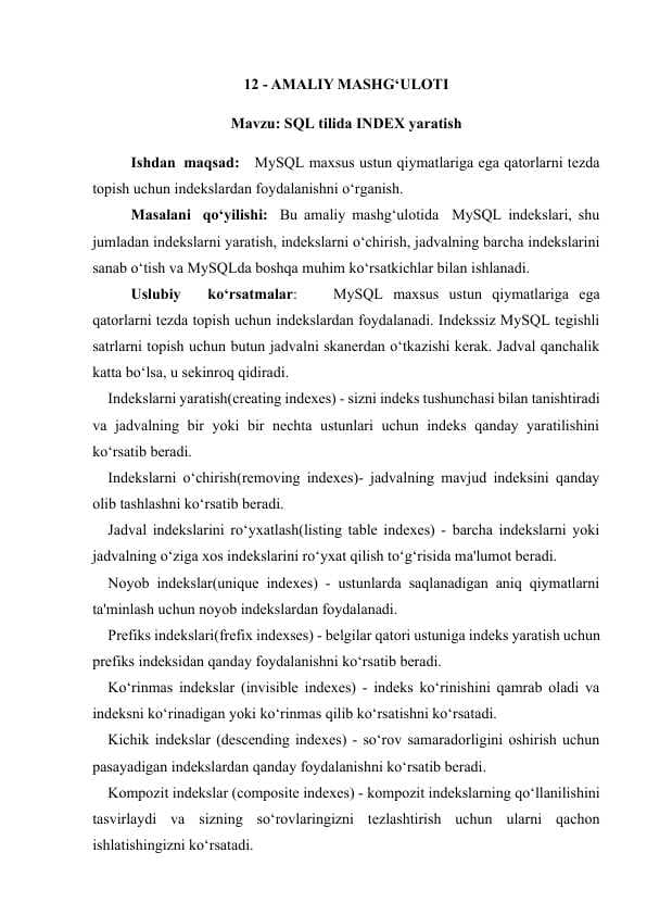 SQL tilida INDEX yaratish