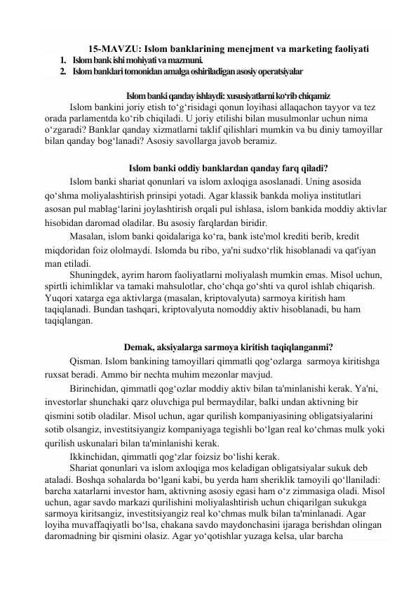 Islom banklarining menejment va marketing faoliyati