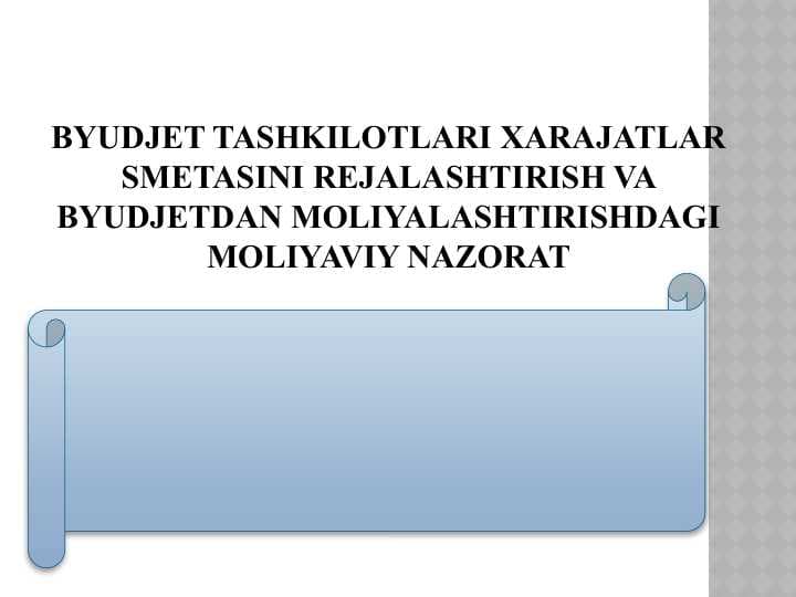 Byudjet tashkilotlari xarajatlar smetasini rejalashtirish va byudjetdan moliyalashtirishdagi moliyaviy nazorat