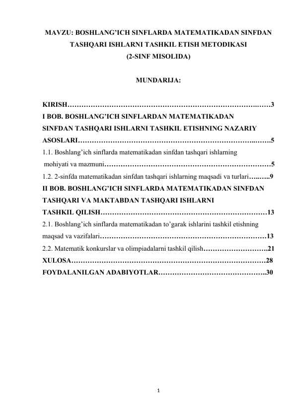 BOSHLANG’ICH SINFLARDA MATEMATIKADAN SINFDAN TASHQARI ISHLARNI TASHKIL ETISH METODIKASI (2 SINF MISOLIDA).docx