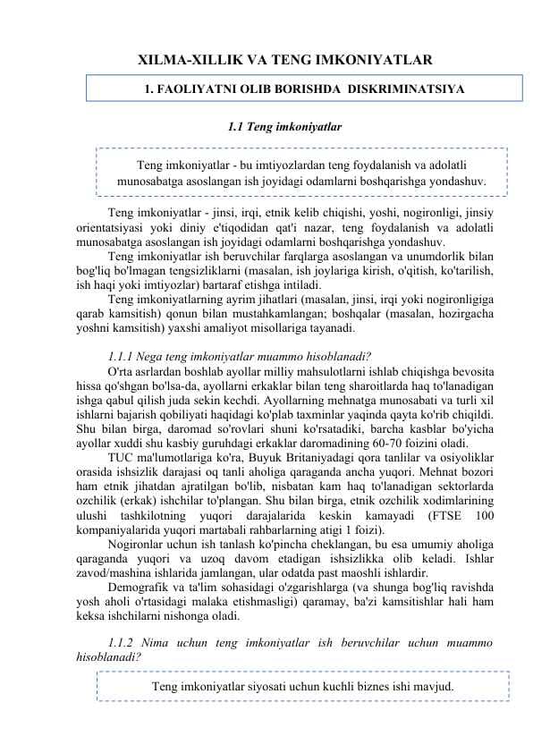 Xilma-xillik va teng imkoniyatlar