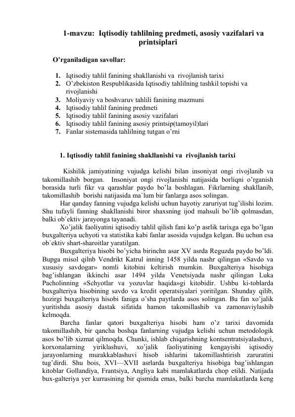 Iqtisodiy tahlilning predmeti, asоsiy vazifalari va printsiplari