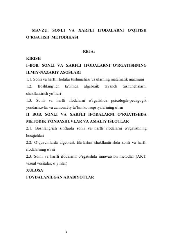 SONLI VA XARFLI IFODALARNI O’QITISH O’RGATISH  METODIKASI