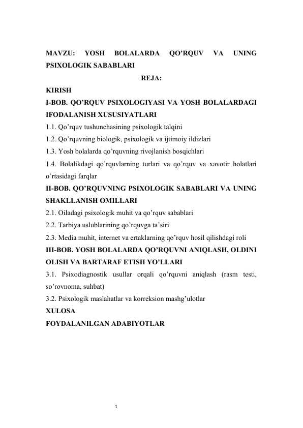 YOSH BOLALARDA QO’RQUV VA UNING PSIXOLOGIK SABABLARI