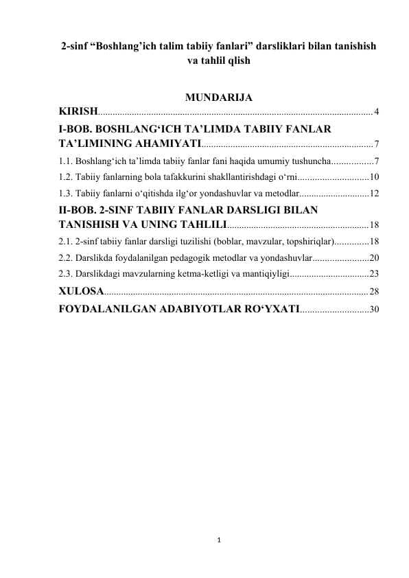 2-sinf “Boshlang’ich talim tabiiy fanlari” darsliklari bilan tanishish va tahlil qlish