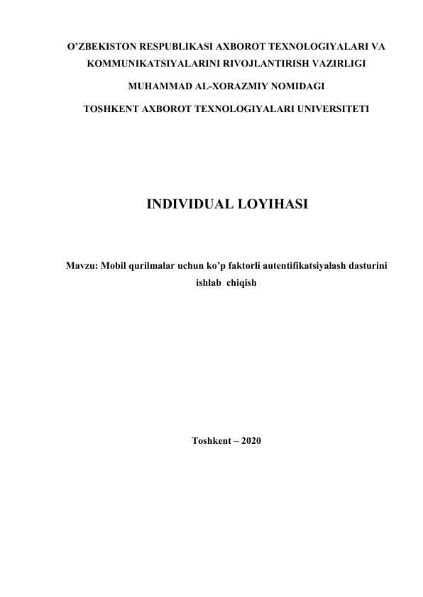 Mobil qurilmalar uchun ko’p faktorli autentifikatsiyalash dasturini ishlab  chiqish
