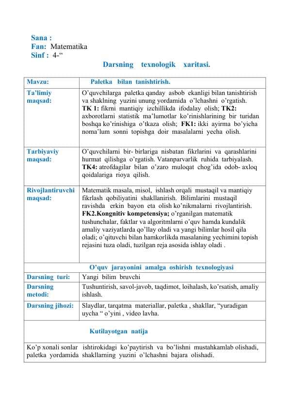 Paletka   bilan  tanishtirish mavzusida dars ishlanma