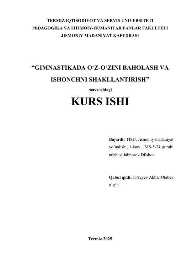 Gimnastikada o‘z o‘zini baholash va ishonchni shakllantirish