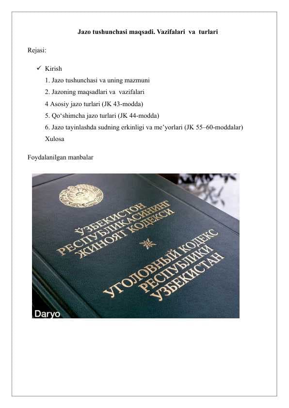 Jazo tushunchasi maqsadi. Vazifalari  va  turlari 25