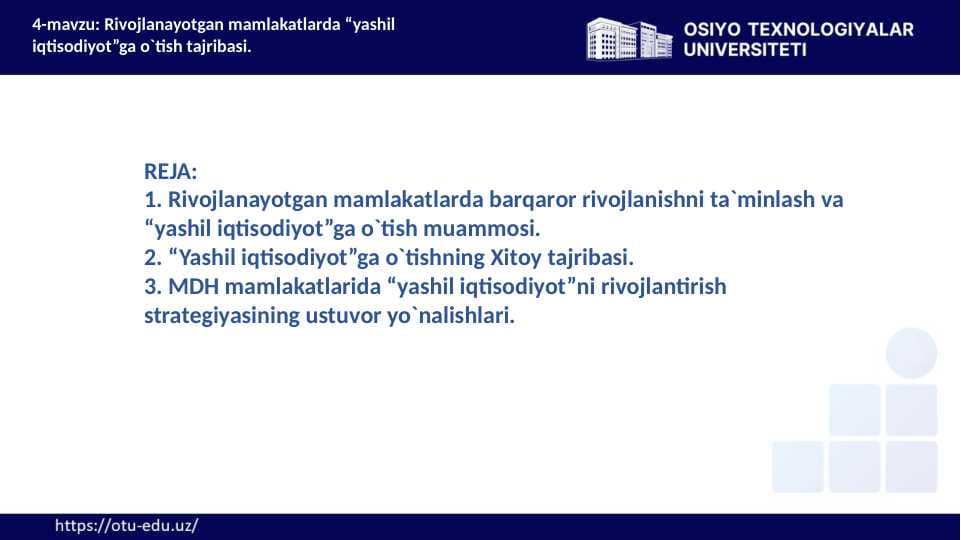 Rivоjlanayotgan mamlakatlarda “yashil iqtisоdiyot”ga o`tish tajribasi.