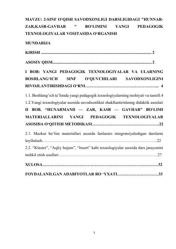 2-SINF O‘QISH SAVODXONLIGI DARSLIGIDAGI HUNNAR-ZAR,KASB-GAVHAR  BO‘LIMINI YANGI PEDAGOGIK TEXNOLOGIYALAR VOSITASIDA O‘RGANISH