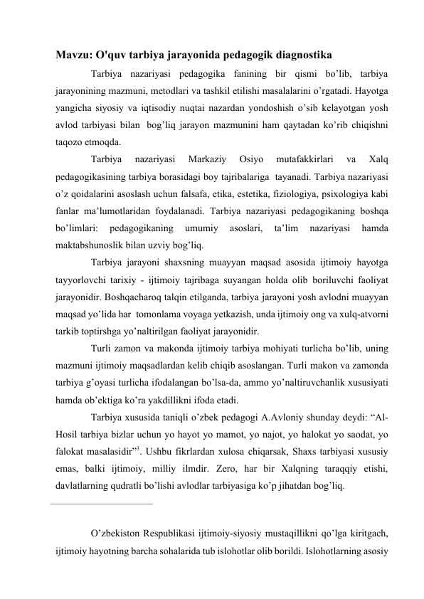 O'quv tarbiya jarayonida pedagogik diagnostika
