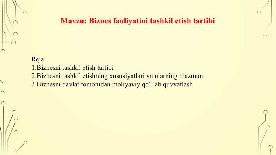 Biznes faoliyatini tashkil etish tartibi