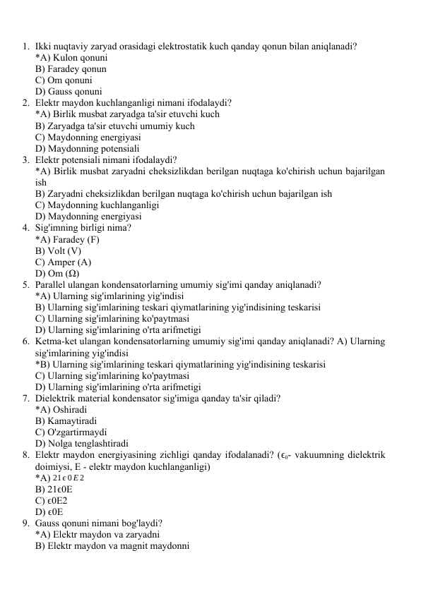 UMUMIY FIZIKA fanidan 500 TEST