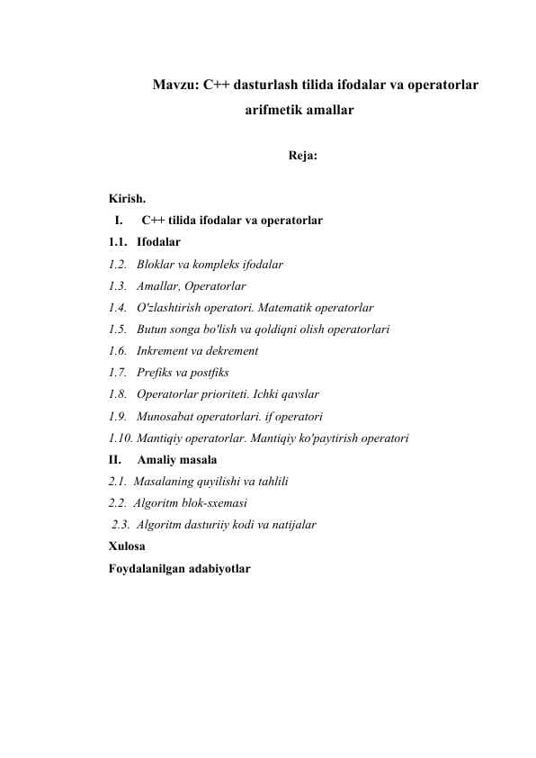 C++ dasturlash tilida ifodalar va operatorlar arifmetik amallar
