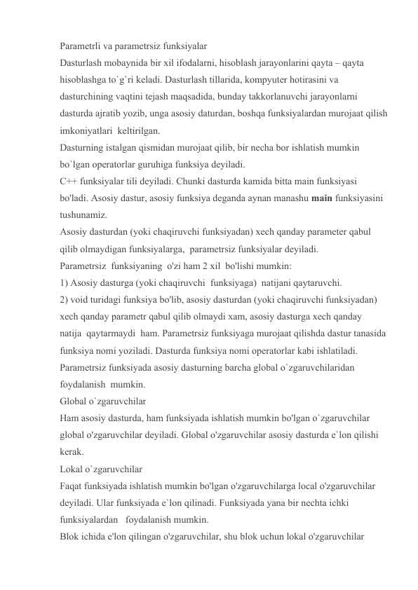 Parametrli va parametrsiz funksiyalar