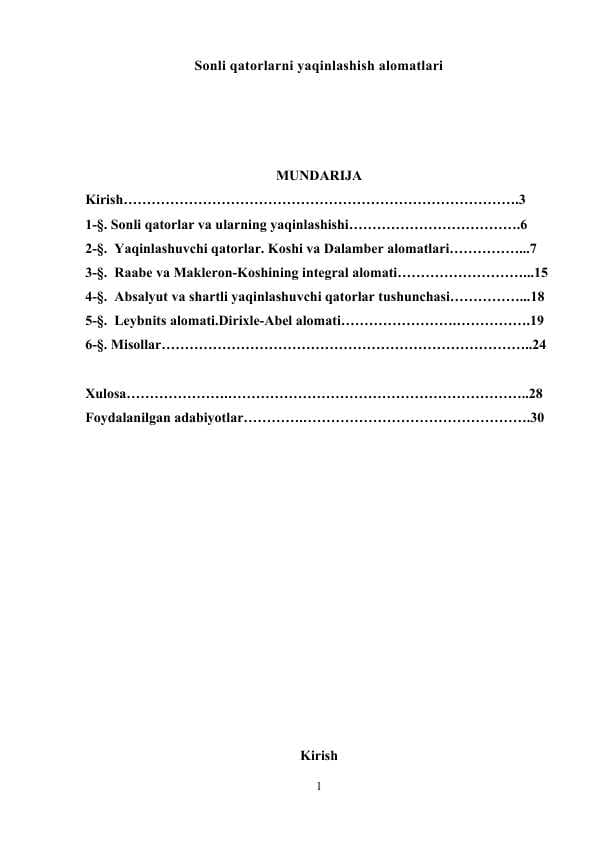 Sonli qatorlarni yaqinlashish alomatlari