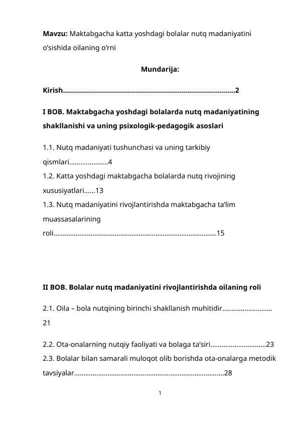 Maktabgacha katta yoshdagi bolalar nutq madaniyatini shakillantirishda oilaning o'rni