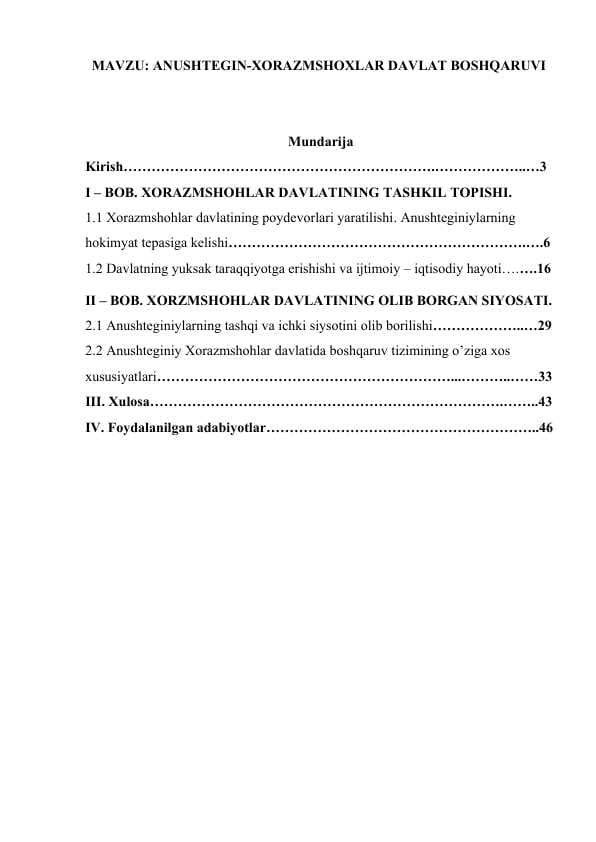 10. ANUSHTEGIN-XORAZMSHOXLAR DAVLAT BOSHQARUVI