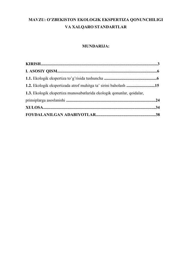 O’ZBEKISTON EKOLOGIK EKSPERTIZA QONUNCHILIGI VA XALQARO STANDARTLAR