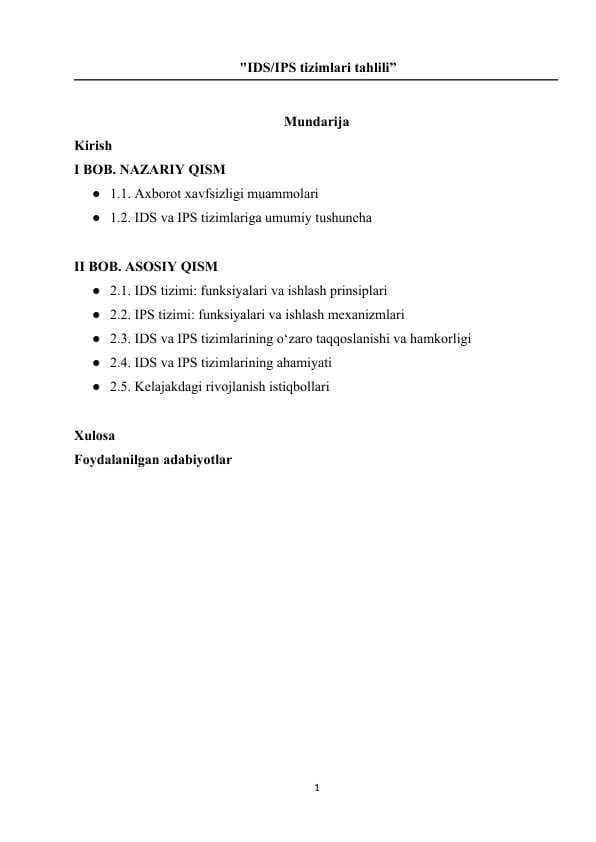 IDS/IPS tizimlari tahlili